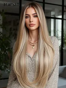 Topshe 13x6 Lace Front Wig, Golden Color Middle Part Long Straight Hair, High-Quality Replacement Style, Fashionable Comfort Design, Machine Made Wig, Lace Frontal Wig