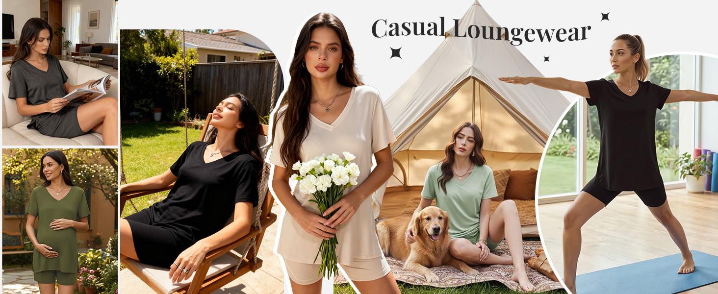 V Neck 2 Piece Sets for Women Summer Casual Oversized Split Hem Shirts & Side Pocket Biker Shorts Minimalist Lounge Wear Soft Viscose Fabric Comfy Homewear Cozy Pjs 2026 spring Summer Loose Short Set