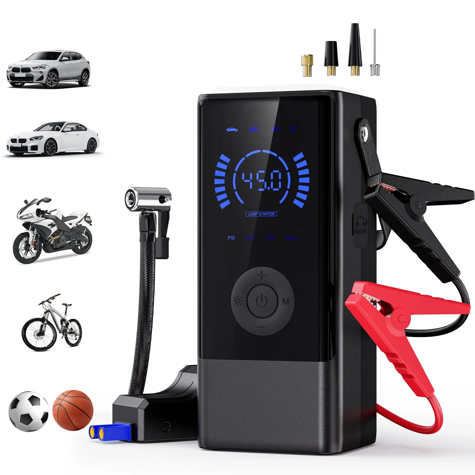 3-in-1 Cordless Tire Inflator Tool & Jump Starter, Portable 150 PSI Air Compressor with LED Light, Digital Tire Pressure Gauge, 2000mAh Battery & 12V DC Dual Power for Car, Motorcycle, Sports Balls