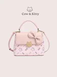 Cow&Kitty Kitty Print Pink Cute Kawaii Mini Crossbody Bag for Girls, PU Leather Small Shoulder Purse with Bow Decor, Top Handle and Magnetic Snap Closure, Adjustable Strap Aesthetic Handbag, Lightweight Fashion Bag for School, Travel, Shopping, Coffee Dat