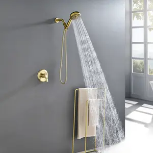 Wall Mounted Adjustable 10-Spray High Pressure Handheld Shower Set with Stainless Steel Hose and Rough-In Valve, Brushed Gold, Brushed Nickel, Matte Black, 2-Handles Triple Handles Tub Shower Faucet