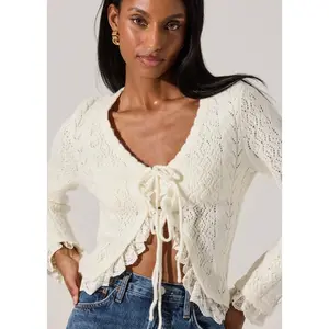 ASTR THE LABEL LACEY POINTELLE TIE-FRONT CARDIGAN - CREAM