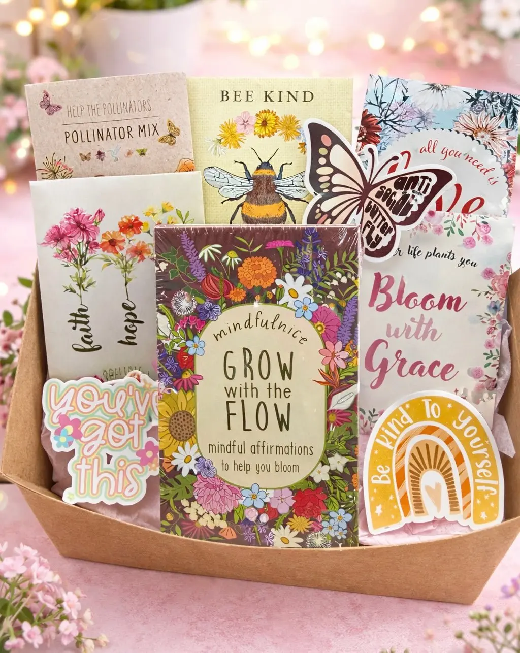 Spring Meadow Mindset Box with Affirmation Cards, Office Stationery Gift Set for Desk Organization