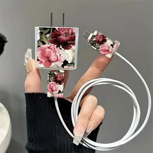 Vintage Rose Pattern Charger & Data Cable Protective Case, Decorative Charger & Data Cable Protector, Phone Accessories Compatible with iPhone 18W/20W Charger