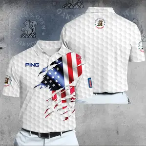 American Flag Golf Polo Shirt 125th Open Inspired – White Honeycomb Performance Polo for Men, Patriotic USA Ripped Flag Print, Lightweight Breathable Athletic Golf Shirt, Tournament Style Sportswear, Golf Lover Gift, Summer Course Outfit