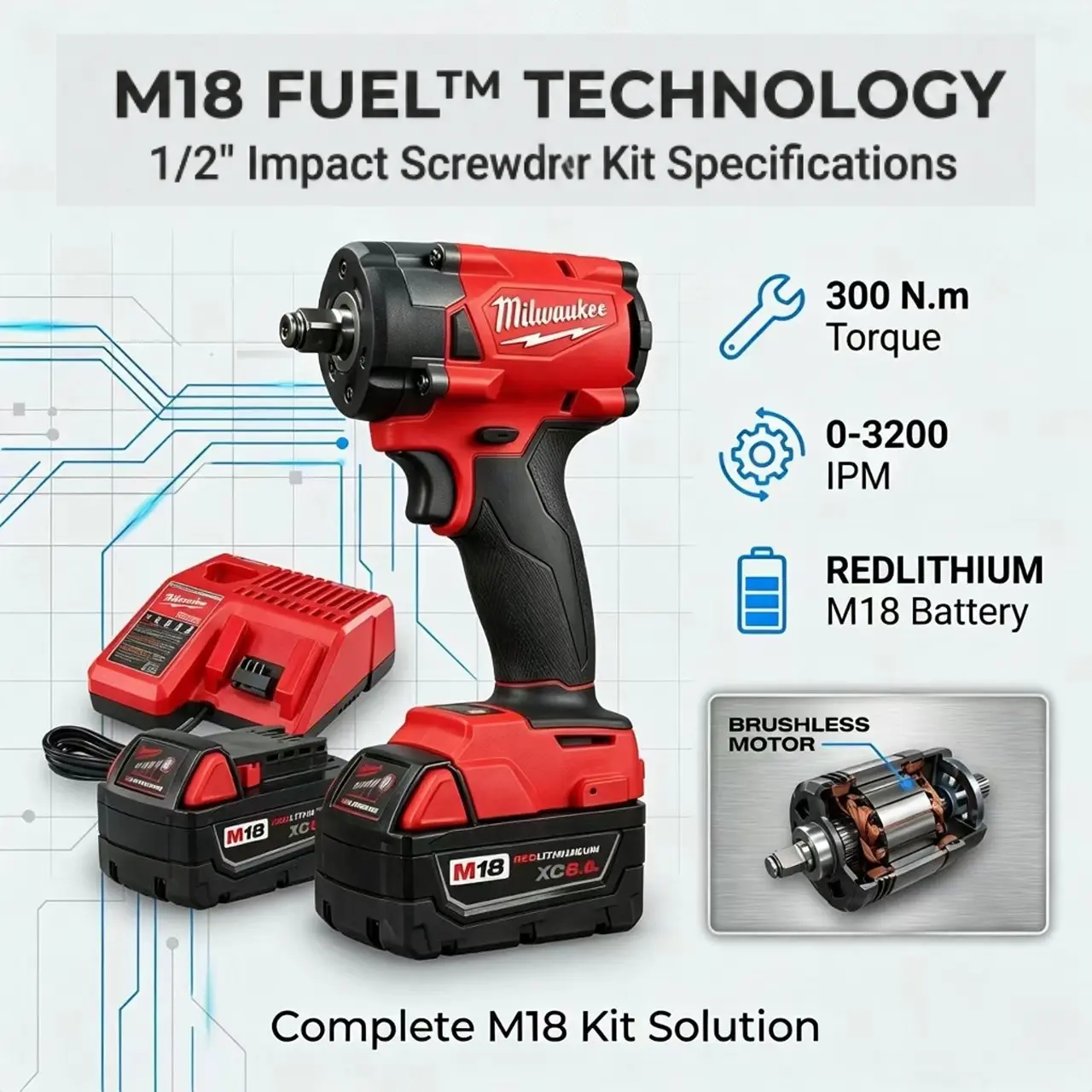 Milwaukee M18 1/2-Inch Square Head Cordless Impact Wrench - Low Vibration, Built-In Intelligent Protection, Lightweight Frame, Free Standard Sleeve Replacement, All-Metal Gear Heavy Duty Power Tool for Bolt Assembly, Long Continuous Runtime, Power Tools