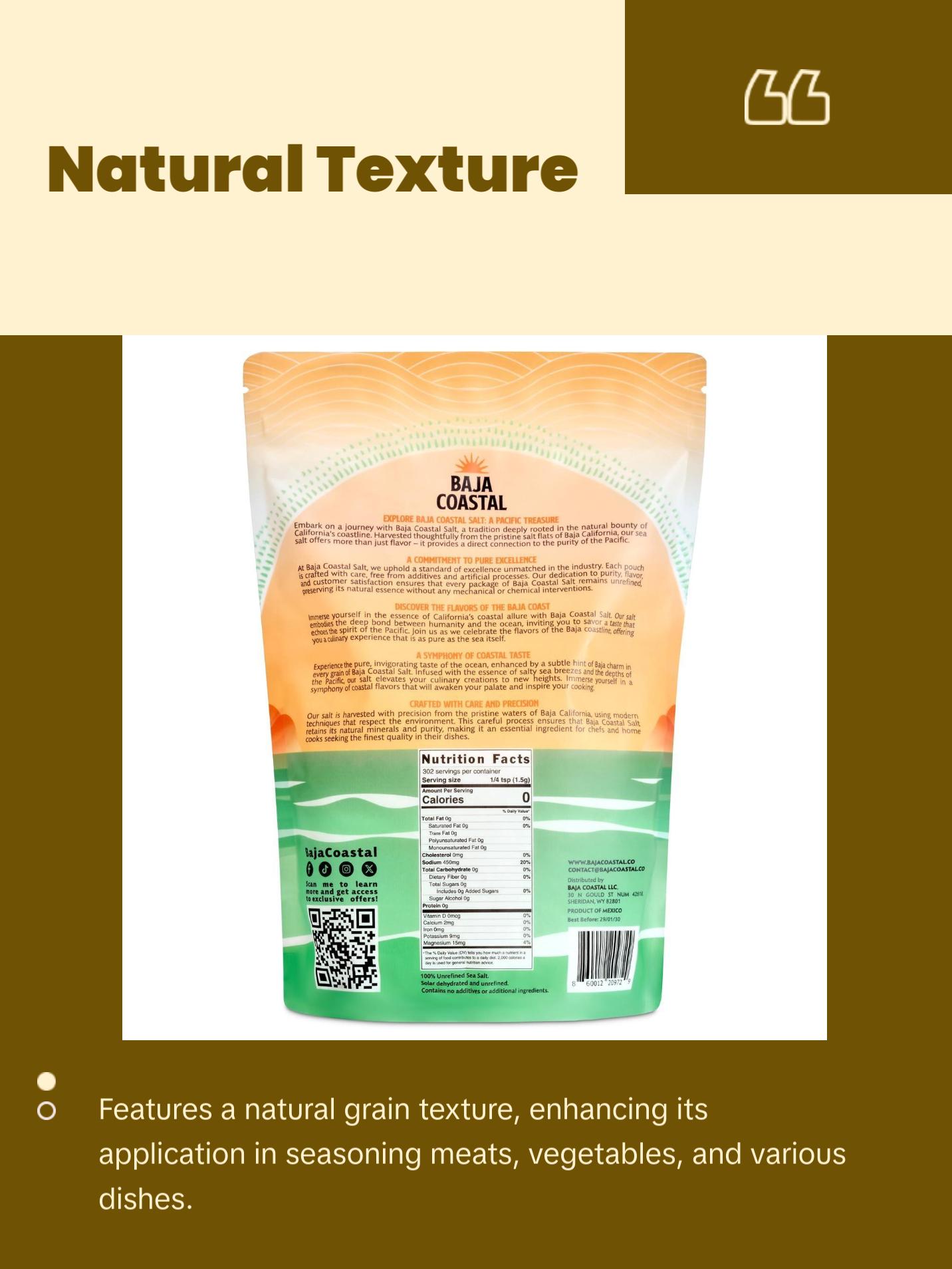 Baja Coastal Baja Mineral Sea Salt - 100% Organic & Unrefined 16oz Rich in Essential Minerals Low Sodium Hand Harvested Crystals from the Sea of Cortez Natural Grain - Flavor