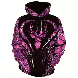 Plus Size Casual Hoodie with 3D Deer and Camo Print - Polyester Knit Fabric, Hooded, Medium Stretch, Regular Fit