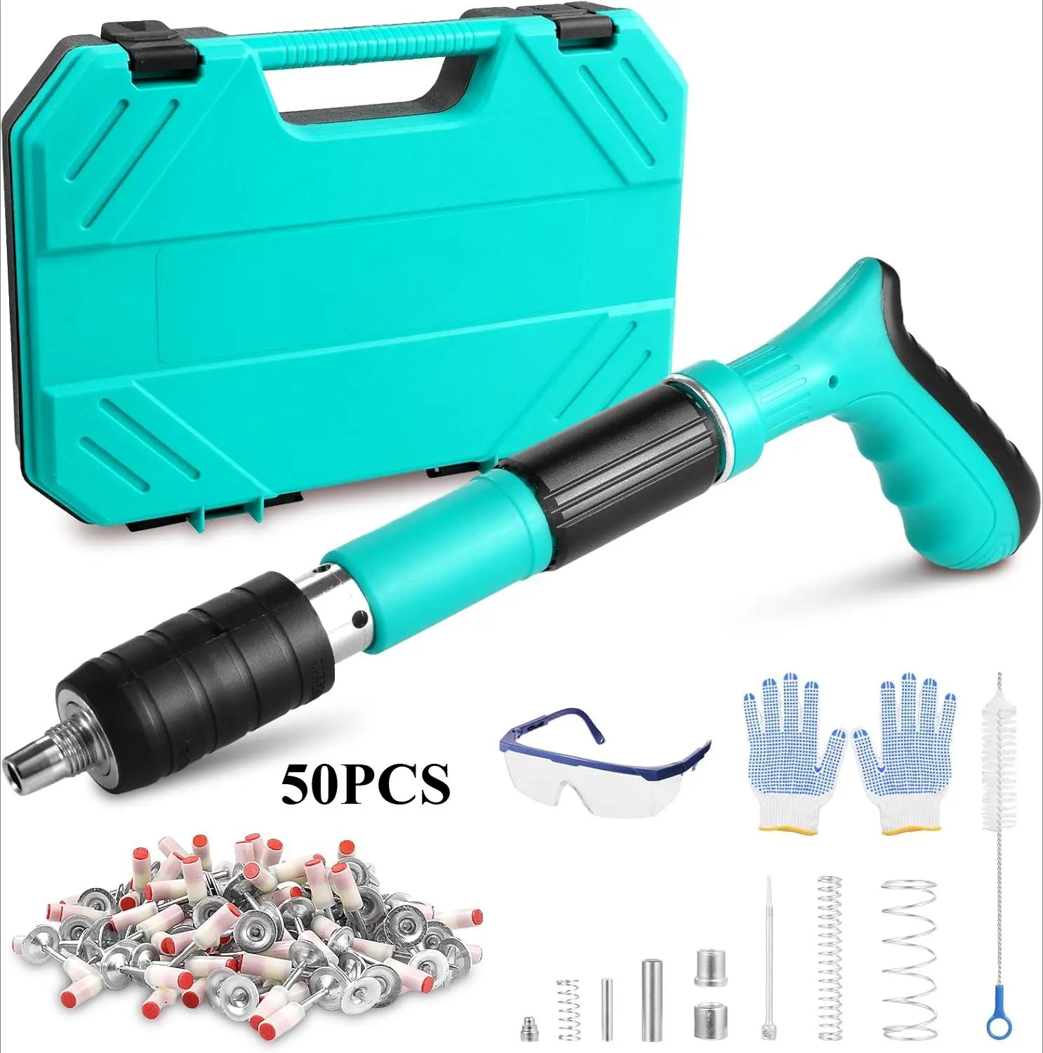 Nail Gun with 50 Round Nails,Concrete Nail Gun Kits,5 Speed Adjustable Manual Steel Nail Tool with Gloves,Brush,Glasses,Earplugs