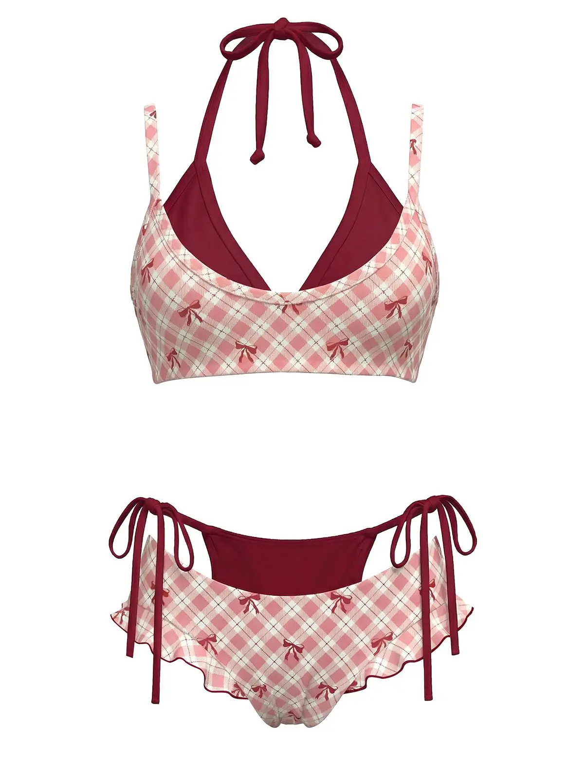 Red 1950s Plaid Bow Halter Double Layer Bikini Setvacation swimwear for women cute summer outfits Chic Swimsuit BackToSchool Red 1950s Plaid Bow Halter Double Layer Bikini Setvacation swimwear for women cute summer outfits Chic Swimsuit BackToSchool