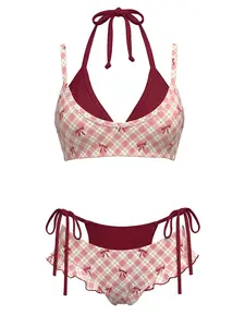 Red 1950s Plaid Bow Halter Double Layer Bikini Set