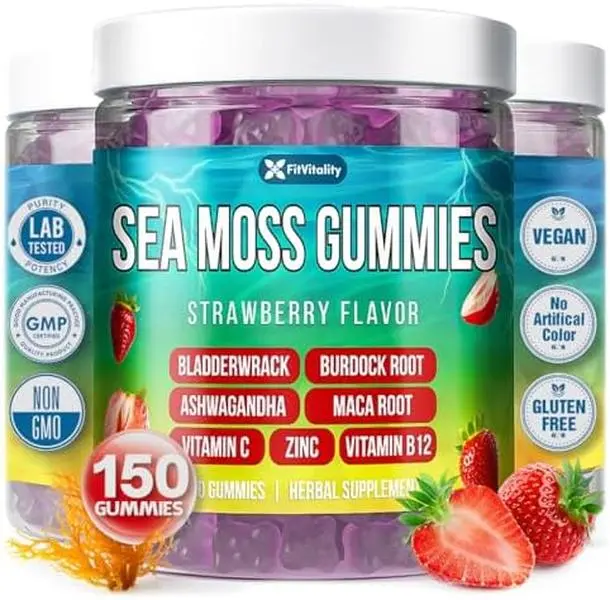 Sea Moss Gummies | 9-in-1 Formulation with Irish Sea Moss, Ashwagandha, Burdock, Elderberry, Bladderwrack, Maca, Zinc, B12 | Energy & Immune Support | Strawberry Flavor Vegan Gummies