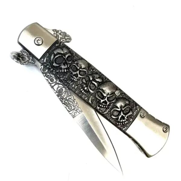 8.75” Skull Engraved Retro Embossed Quick Open Folding Pocket Knife