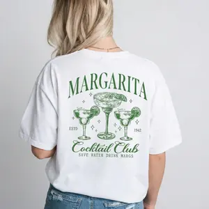 Margarita Cocktail Club Save Water Drink Margs Women's Back Print Graphic Tee Retro Preppy Summer Vacation Shirt Casual Oversized Short Sleeve Cotton Top