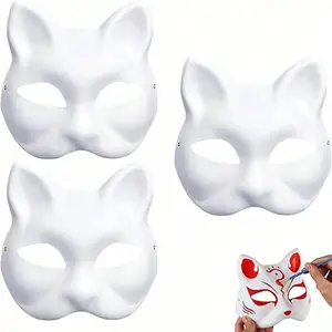 DIY Paintable Cat Mask with Pigment & Random Paint Brush, 5pcs Unpainted Masquerade Half Face Mask for Halloween Party, Cosplay Party Supplies