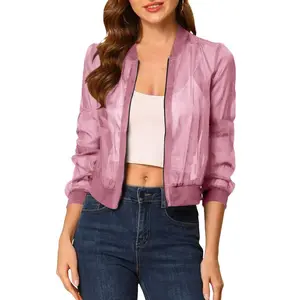 Women’s cropped mesh sheer bomber jacket — lightweight long-sleeve zip-up outerwear