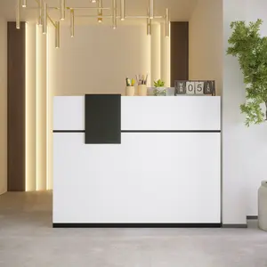 FUFU&GAGA Reception Desk Front Desk Reception Counter with Moveable Shelves, Lockable Drawer, Black Tapes (55.1”W x 23.6”D x 43.3”H)