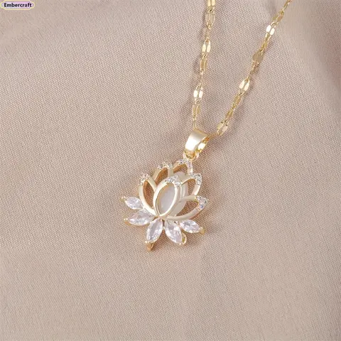 Women's Gold Lotus Pendant Necklace - Cubic Zirconia Floral Charm, Minimalist Dainty Elegant Rhinestone Embellished Shiny Shimmering Jewelry, Gifts for Girlfriend, Spiritual Accessory for Daily Use or Special Occasions, Elegant Rhinestone Necklace