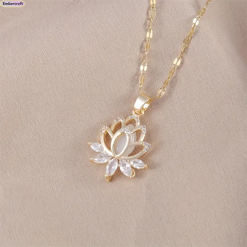 Women's Gold Lotus Pendant Necklace - Cubic Zirconia Floral Charm, Minimalist Dainty Elegant Rhinestone Embellished Shiny Shimmering Jewelry, Gifts for Girlfriend, Spiritual Accessory for Daily Use or Special Occasions, Elegant Rhinestone Necklace