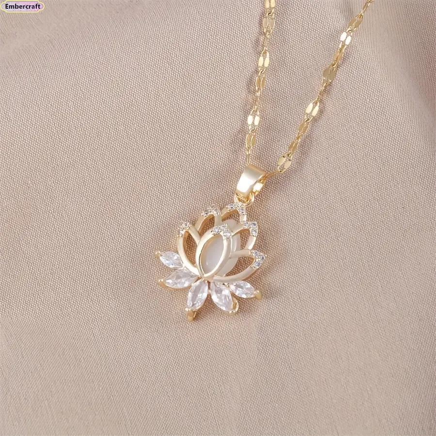 Women's Gold Lotus Pendant Necklace, Cubic Zirconia Flower Charm Jewelry, Minimalist Dainty Accessories for Women, Spiritual Gift for Her, Daily Wear or Special Occasions, Gold Necklace Women