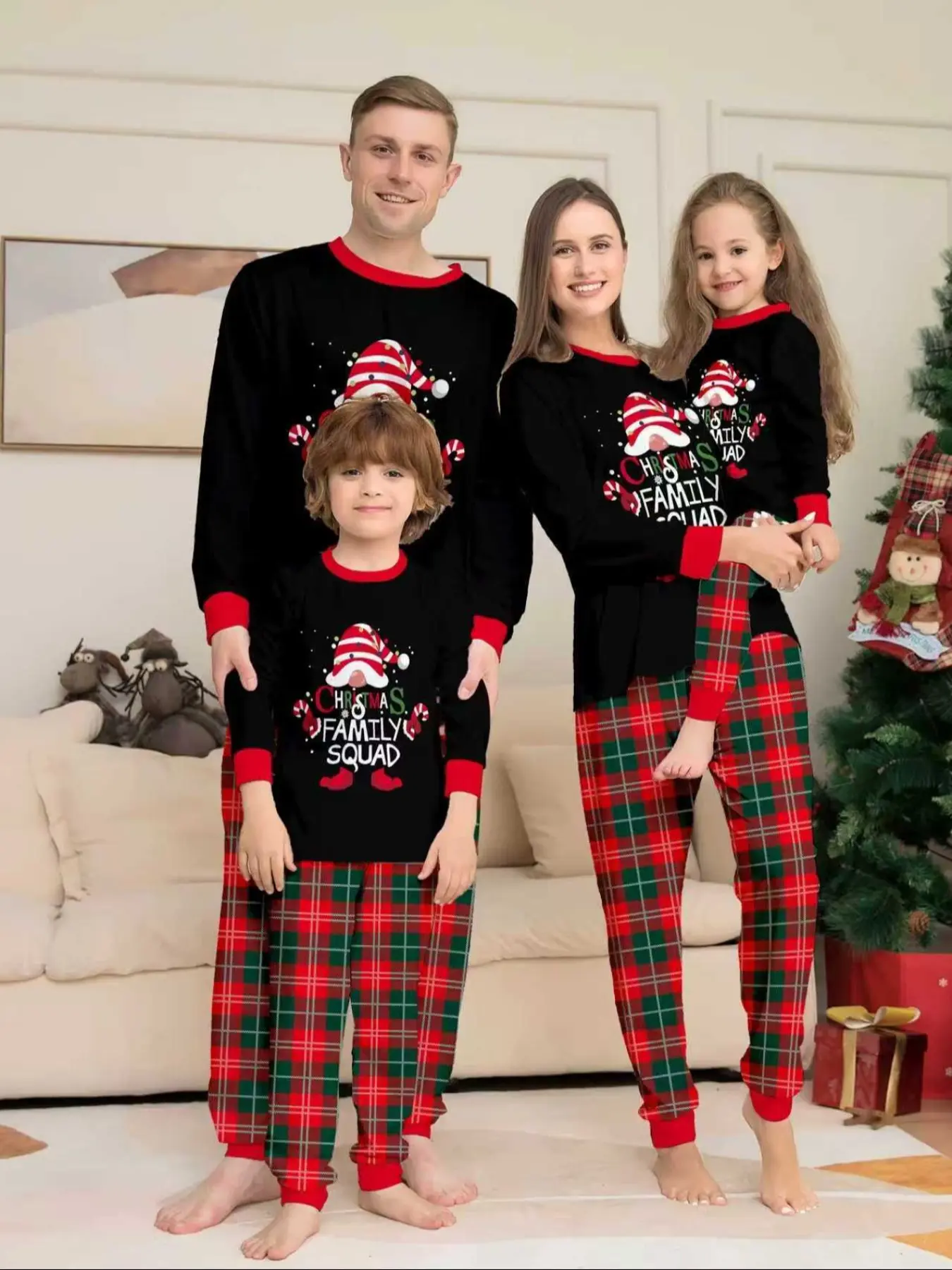 Family Christmas Pajama Set, 4-Piece Holiday, Cartoon Santa Top, Plaid Pants, Men Women Kids Sleepwear