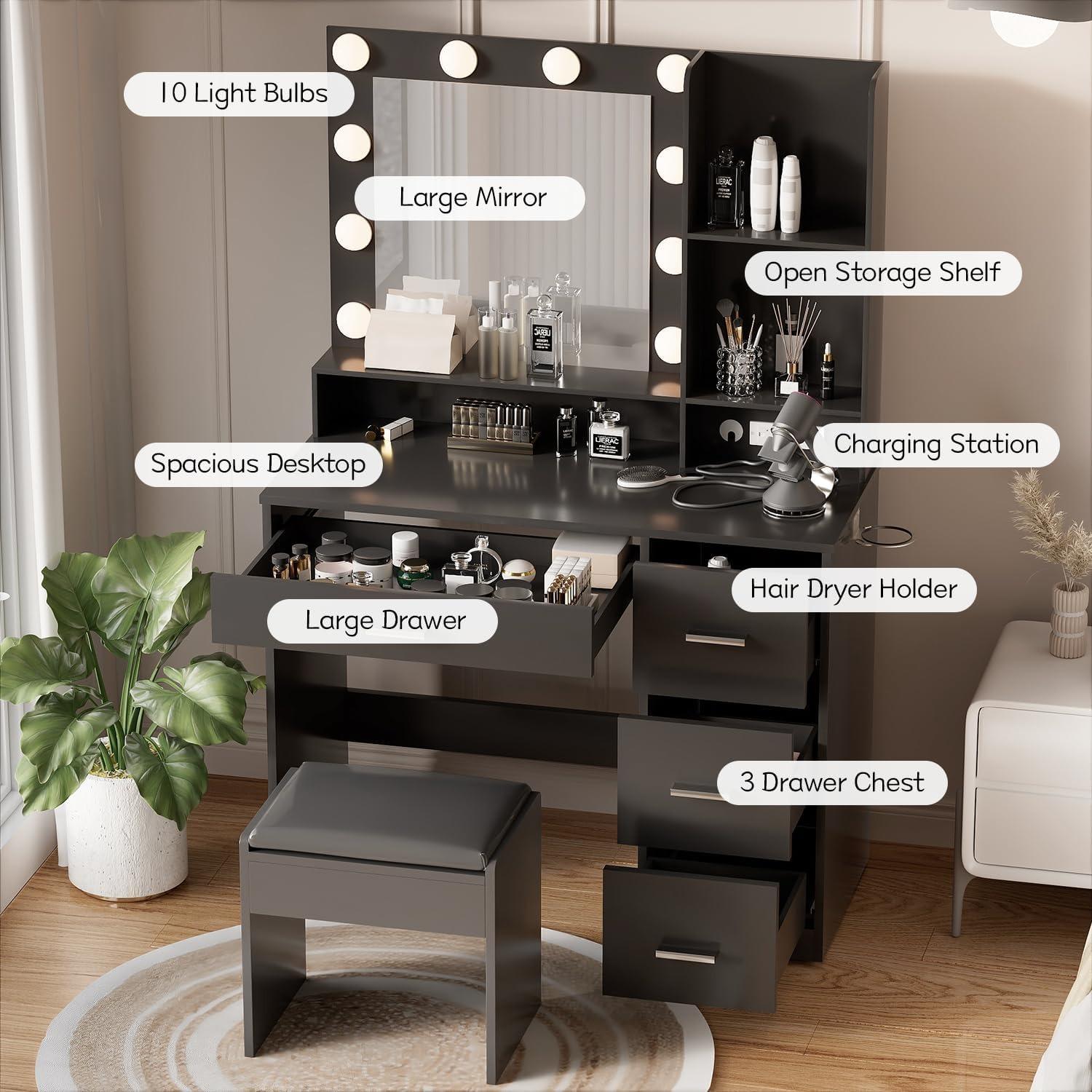 FURMAX Vanity Desk with Lights and Mirror Makeup Vanity Table Set with Drawer and Power Outlet