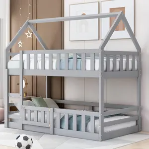 【Bellemave】Twin over Twin House Bunk Bed with Fence and Door, Gray Modern Unique Bedroom Furniture bed bedroom accessories