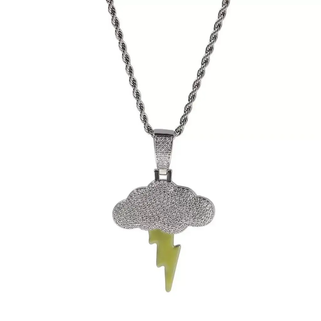 5184 Iced Out Cloud Glow In Dark Lightning Pendant Necklace, Micro Pave CZ Cloud Enamel Lightning Charm, Hip Hop Street Jewelry for Men Women