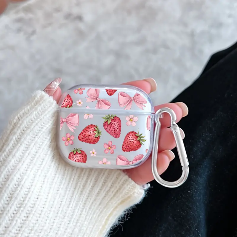 Strawberry Bow Blush Pattern TPU Soft Protective Case for Apple AirPods 4/3/2/1/Pro/Pro2 Transparent Earphone Cover with Keychain Attachment