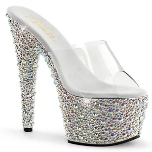 PLEASER BEJEWELED-701MS Clear-Silver Multi Rhinestone Platform Slides, Shoe, High Heel