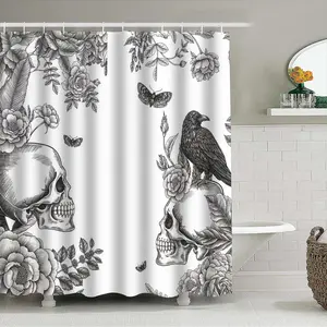 Crows Skull Sketch Print Spooky Shower Curtain, Soft Washable Privacy Cloth, Minimalist Bathroom Decor, Hotel Room Bath Curtain