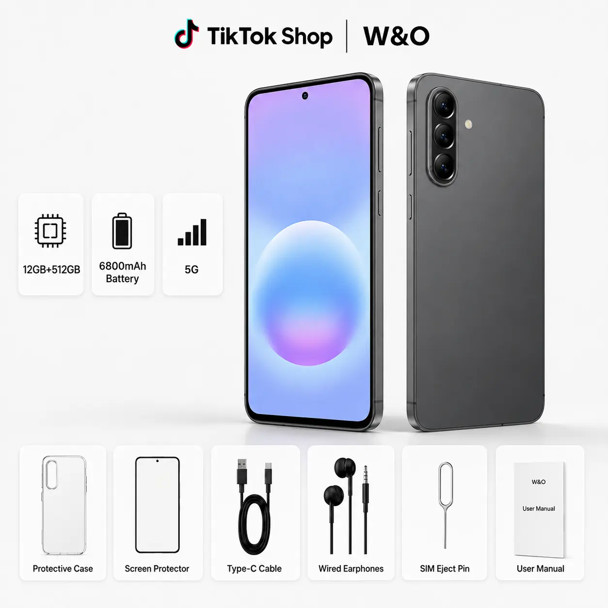 W&O 5G Cell Phone, Android 15, 12GB RAM 512GB Storage, 50MP+12MP Dual Camera, 6800mAh Battery, Fast 5G Connectivity, Dual SIM Smartphone for Streaming, Photography, Gaming, Business, Travel & Everyday Use, Christmas Gift