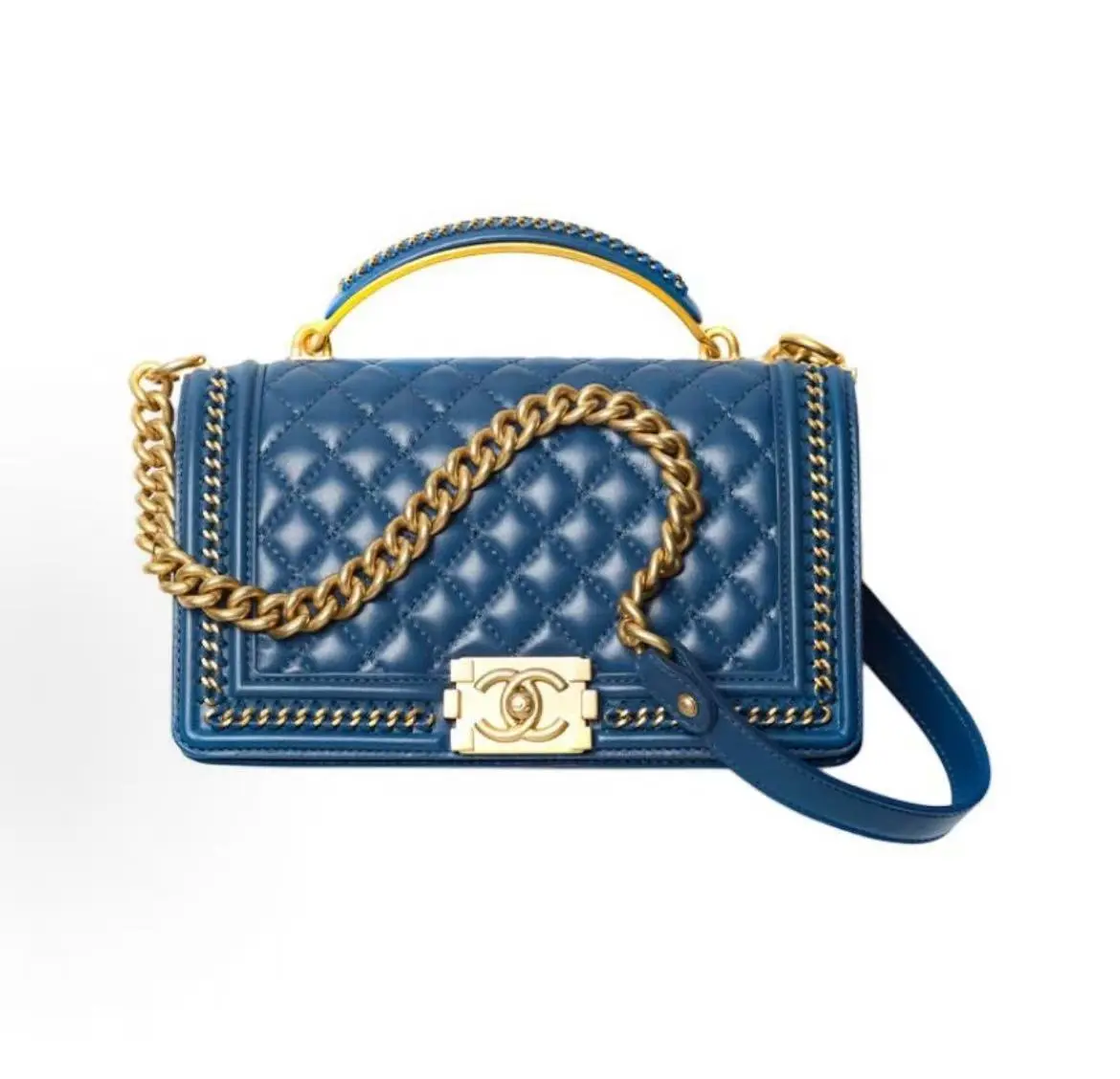 Pre-owned CHANEL cowhide Shoulder Bags with handle chain chevron calf leather and gold metal zipper handbag shoulder bag women's dark blue