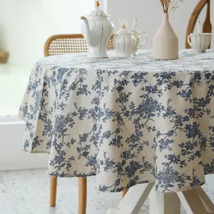Pastoral Round Tablecloth - 60 Inch Dia. Table Cloth - Washable Table Cover with Dust-Proof Wrinkle Resistant for Restaurant, Picnic, Indoor and Outdoor Dining, Floral (Dark Blue)