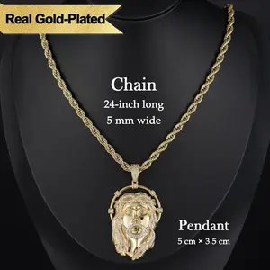 Holylegend 14k Real Gold-Plated Mens Jesus Pendant Necklace, Iced Out Jesus Head with Halo, CZ Diamond Hair & Fully Paved Bail, Hip Hop Religious Jewelry, Gift for Fashion Lovers