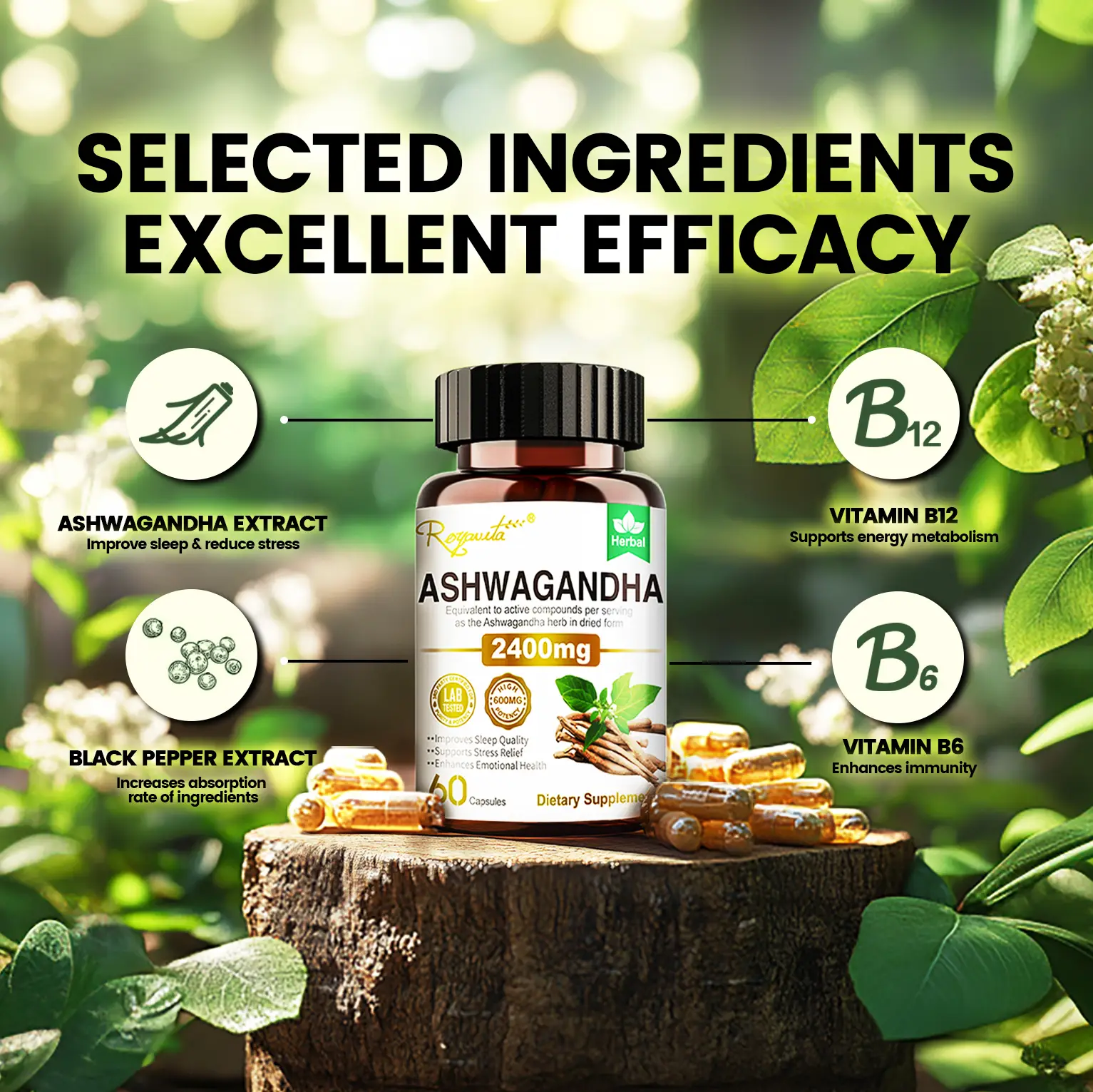 Royavita Ashwagandha, 60 capsules, a combined supplement of Ashwagandha with Vitamin B6 and Vitamin B12 for Stress Relief, Mental Relaxation and Sleep