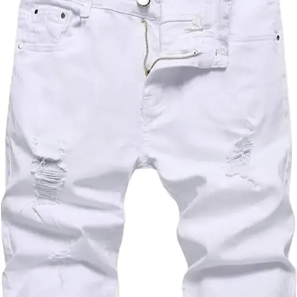 Men's Light Denim Knee-Length Fitted Slim Vintage Plain Casual Jorts - Distressed Ripped Elastic Waist Straight Breathable Minimalist Streetwear Bottoms with Clean Silhouette, Button Closure, All Seasons Wear for Halloween, Party