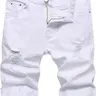 Distressed Ripped Men's Lightweight Classic Denim Slim Fit Jorts - Elastane Elastic Waist, Knee-Length, Straight, Breathable, Minimalist, Plain Vintage Streetwear Bottoms with Clean Silhouette, Button Closure, All Seasons, Daily Wear, Halloween, Party