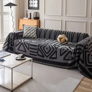 Black & White Geometric Sofa Throw | Tribal-Inspired Jacquard Blanket with Fringes