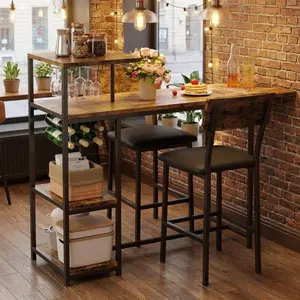 3-Piece Dining Set, Bar Table and Chairs Set for 2, High Top Table and Upholstered Chairs with Storage Shelves, Breakfast Nook, Bar Pub Set for Kitchen, Home Bar