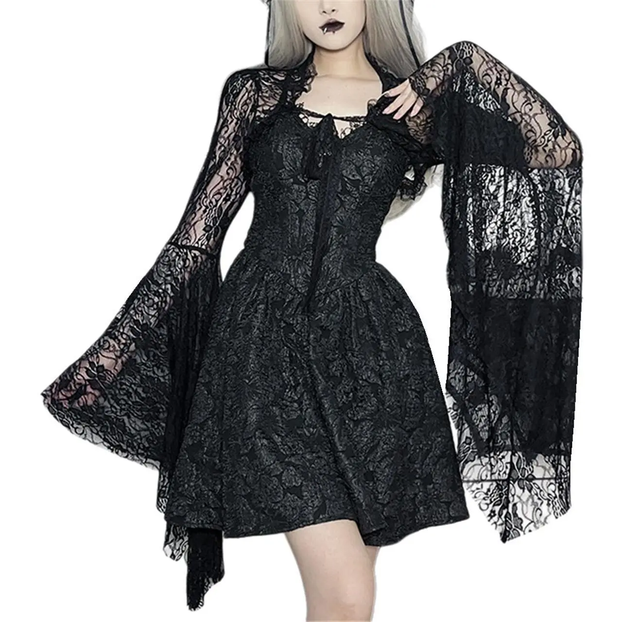 Women's Gothic Crop Shrug Cardigan - Black Lace Floral Sheer Mesh, Flare Sleeve Tie Front Punk Victorian Bolero Top for Evening Dresses, Formal Dark Costumes, Versatile Layering, Vintage, Wedding