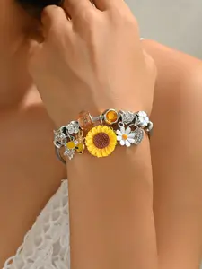 Women's Sunflower Daisy Beaded Bracelet, Bohemian Floral Bee Pendant Jewelry, Silver Color Adjustable Open Cuff, Summer Party Festival Gift