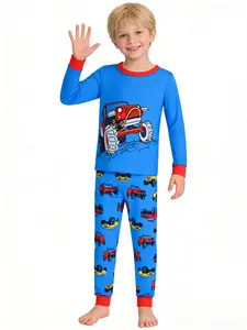 Boys' 2-Piece Round Neck Long Sleeves Pajamas Set, Off-Road Car Print Casual Comfortable Fitted Homewear, All Seasons Wear