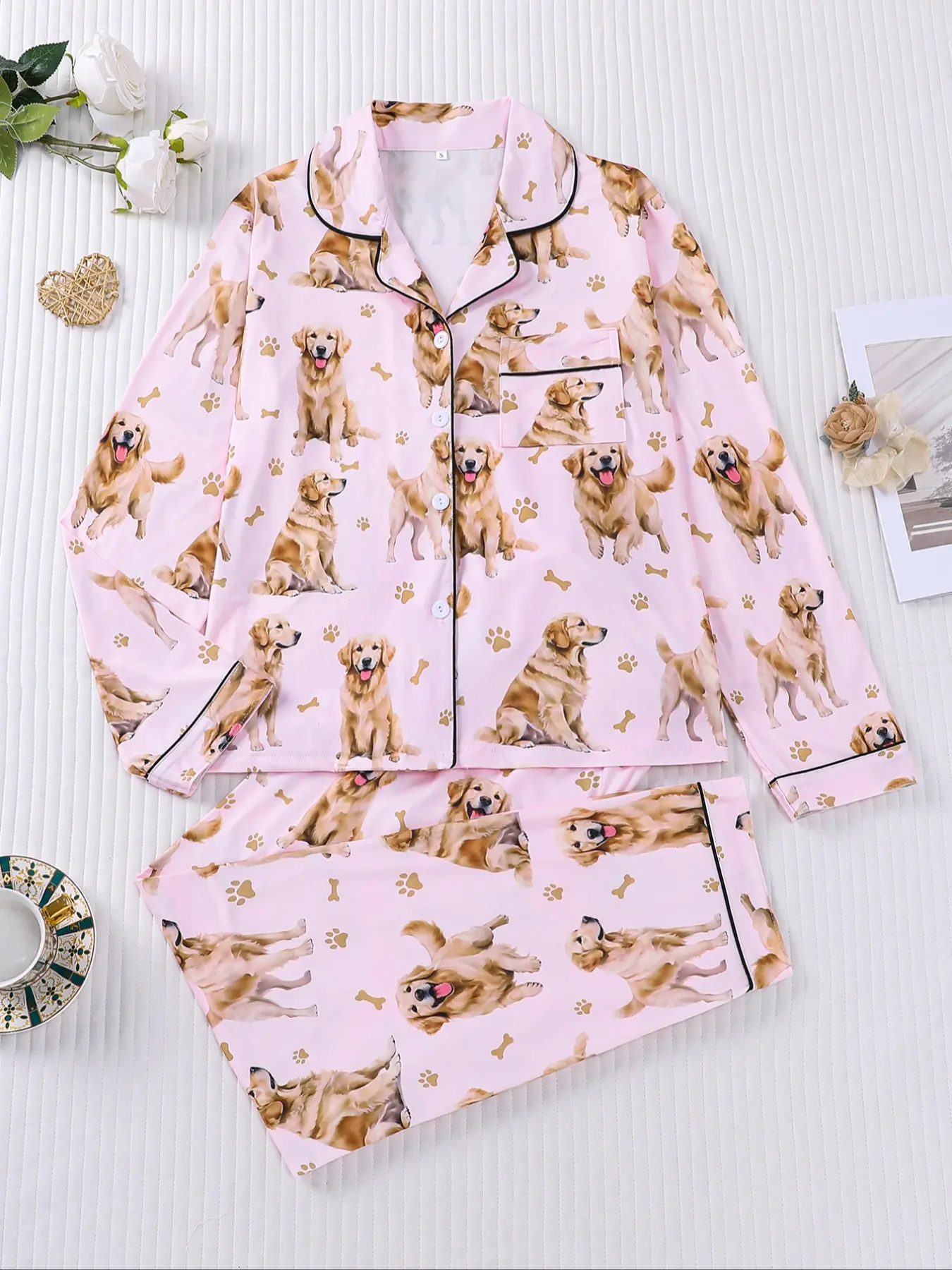 Women's Cute Golden Dog Print Pajama Set, Long Sleeve Shirt Collar Top & Elastic Pants, Casual Fall Winter Sleepwear, Comfortable Home Wear, Knit Loungewear, Casual Pajama Sets, Pjs, Pajama Clothes