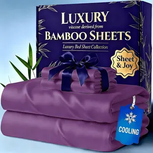 4pcs Cooling Bamboo Bed Sheet Set Suitable for Hot Sleepers, Kids' & Luxury Soft Bamboo Fiber Sheets with Deep Pocket Fitted Base + Flat Sheet & Pillowcases, Machine Washable Bedding for and, -