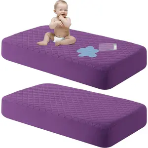 2 Pack Waterproof Crib Mattress Protector, Quilted 28"x52" Toddler Fitted Sheet - Machine Washable - Soft and Breathable Mattress Pad Cover for Crib, Nursery, Daycare, Cot, Purple