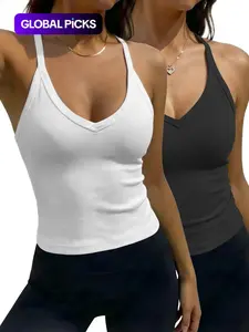 Women's Solid Racerback Tank Top, Casual Sleeveless Deep V- Neck Top for Summer, Ladies Clothes for Daily Wear, Breathable Sleeveless Tops