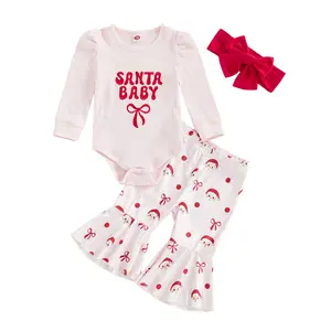 My First Christmas Baby Girl Outfit Long Sleeve Newborn Romper+Santa Claus Bell Bottom Pants+Headband Clothes Set Winte Winter