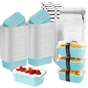 Mini Loaf Pans With  And Spoons 50 Pack,5.5 Oz Rectangle Mini Individual Cake Tins Disposable Small  Foil Baking Pans(50, Wathet)