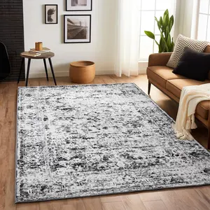 Light Grey Washable Vintage Faux Wool Throw Bedroom Rug, 0.3 In Low Pile & Non-Slip Indoor Floor Carpet For Home Office, Kids Room, Bedside, 4x6, 5x7, 6x9, 8x10, 9x12 Feet rugs living room